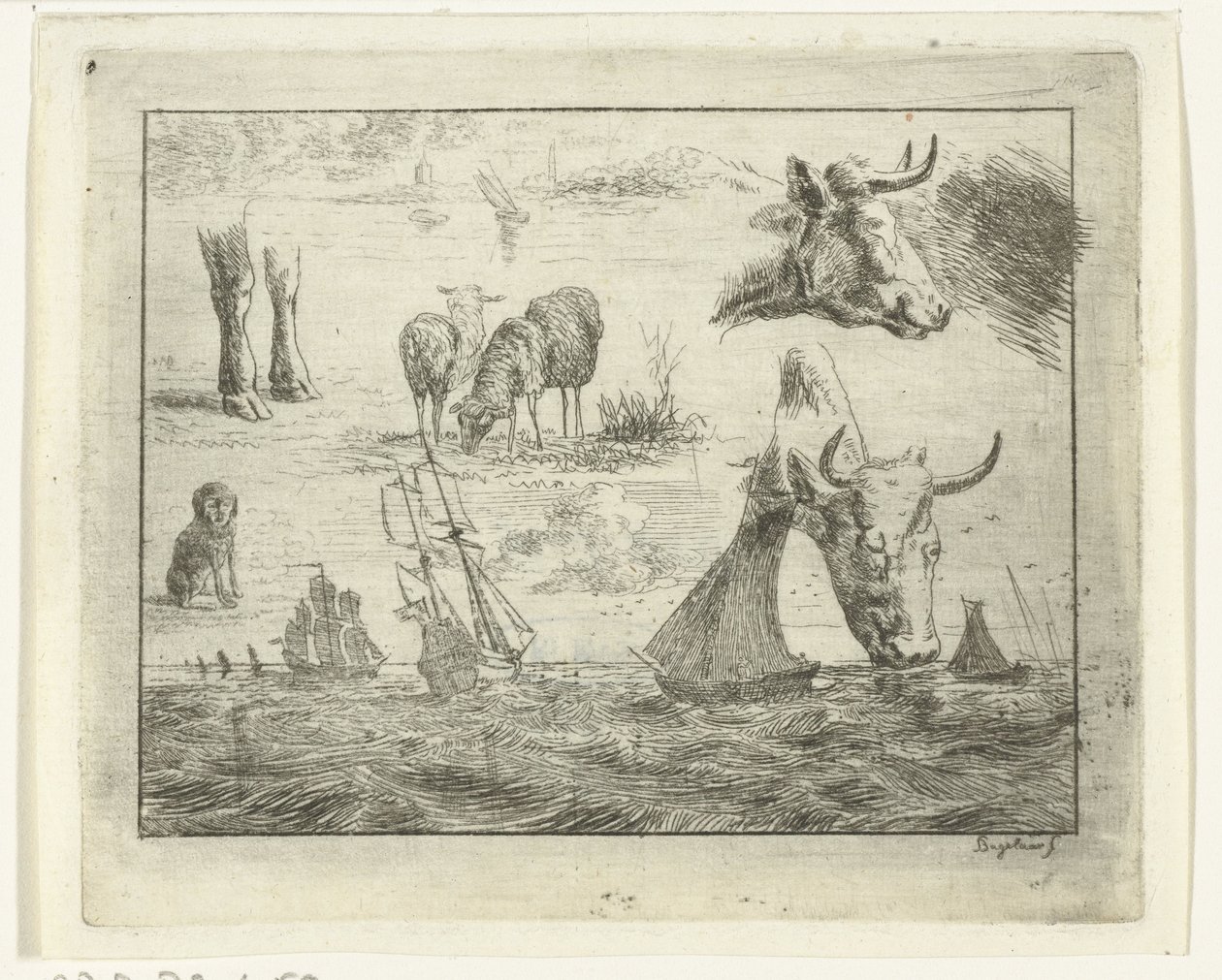 Folha de estudo com uma paisagem marinha, duas cabeças de vaca, ovelha, um cachorro e duas pernas de Ernst Willem Jan Bagelaar