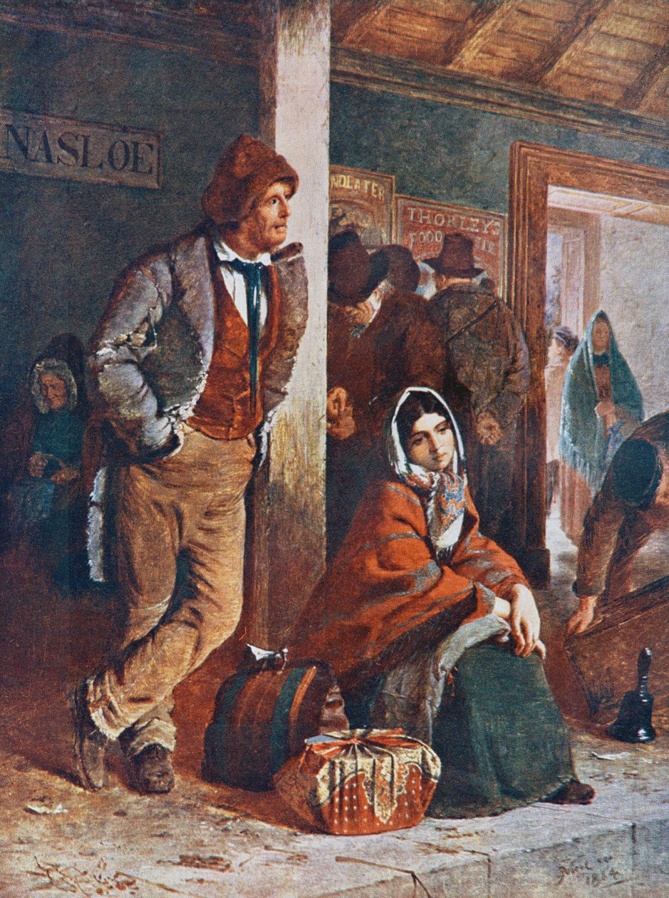 Emigrantes irlandeses na estação de Ballinasloe a caminho de Galway, na Irlanda, para embarcarem para a América no século XIX, segundo a pintura de Erskine Nicol. de Erskine Nicol