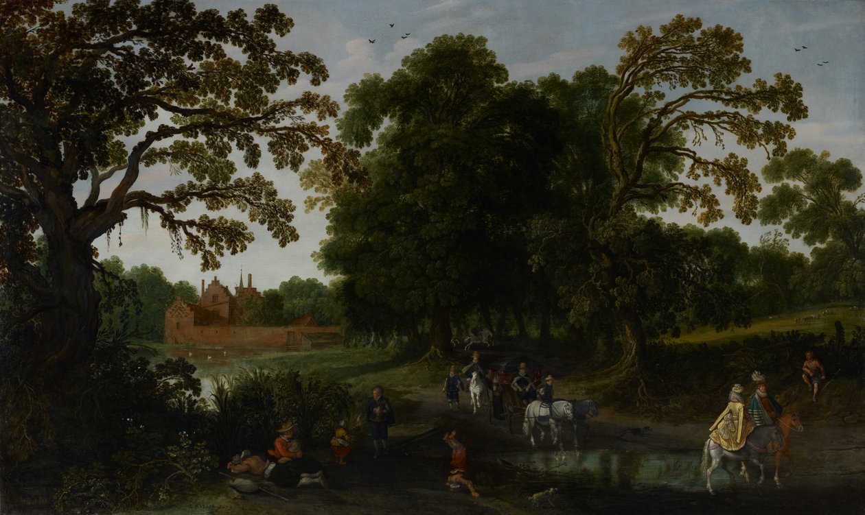 Paisagem com uma procissão cortês antes do Castelo Abtspoel, 1619 de Esaias van de Velde