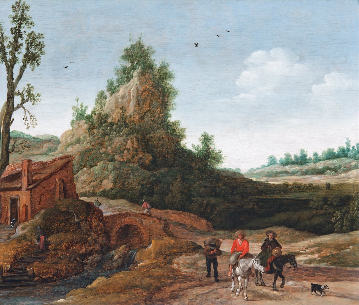 Uma paisagem com viajantes cruzando uma ponte antes de uma pequena residência, cavaleiros em primeiro plano de Esaias van de Velde