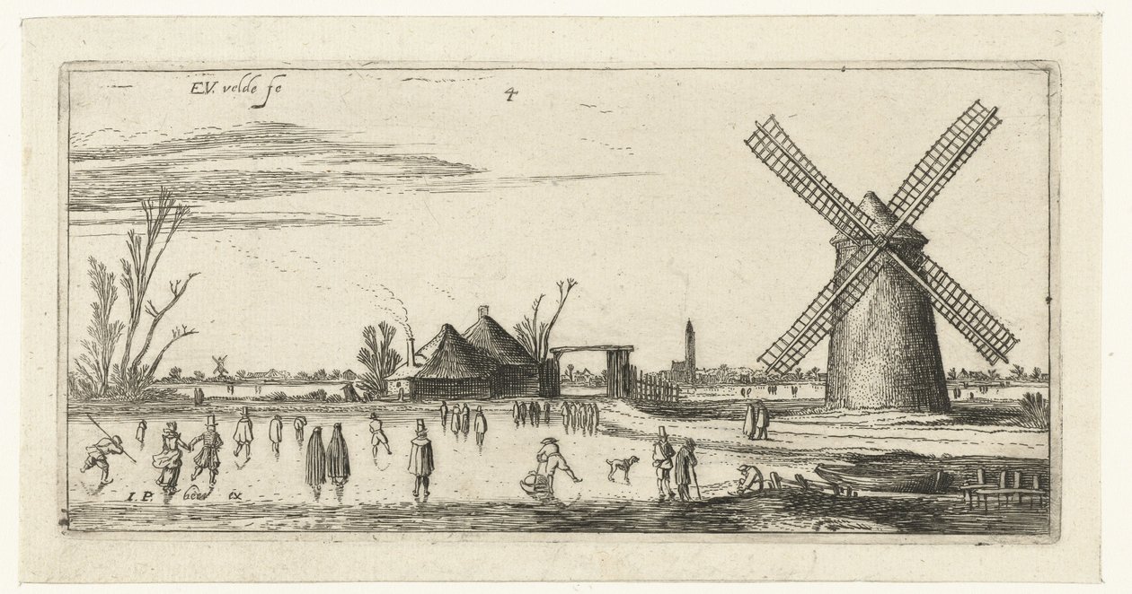 Patinadores no gelo em um moinho de vento perto de Penningsveer de Esaias van de Velde