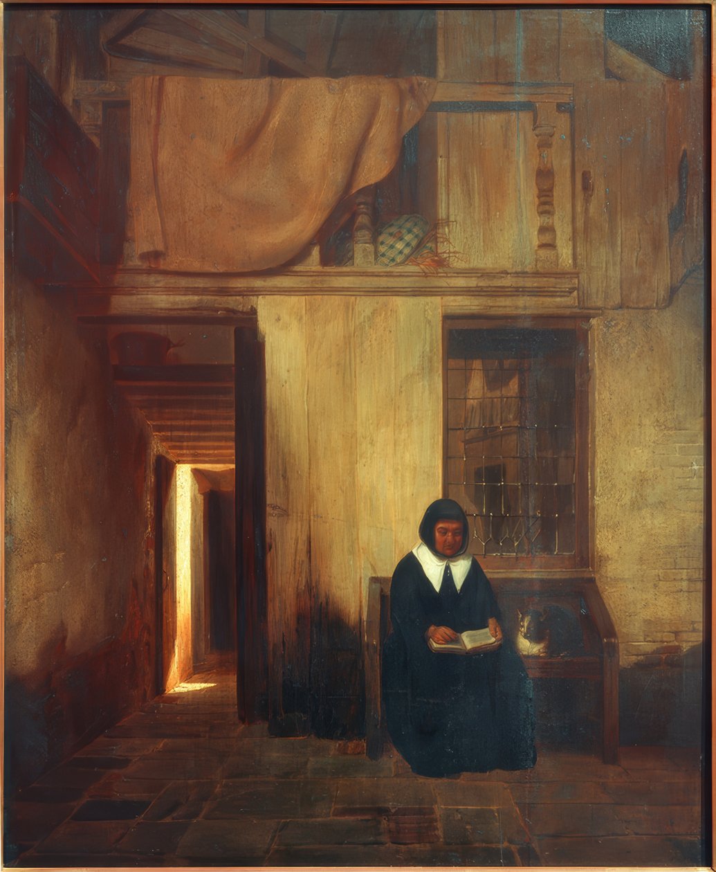 Interior com mulher de leitura e gato de Esaias Boursse
