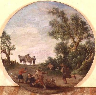 Brigands a atacar um viajante numa pista perto de um bosque de Esaias II van de Velde