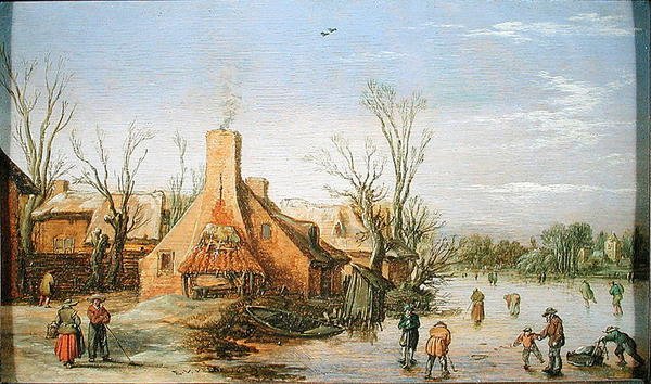 A Village in Winter,1623 (óleo sobre painel) de Esaias I van de Velde