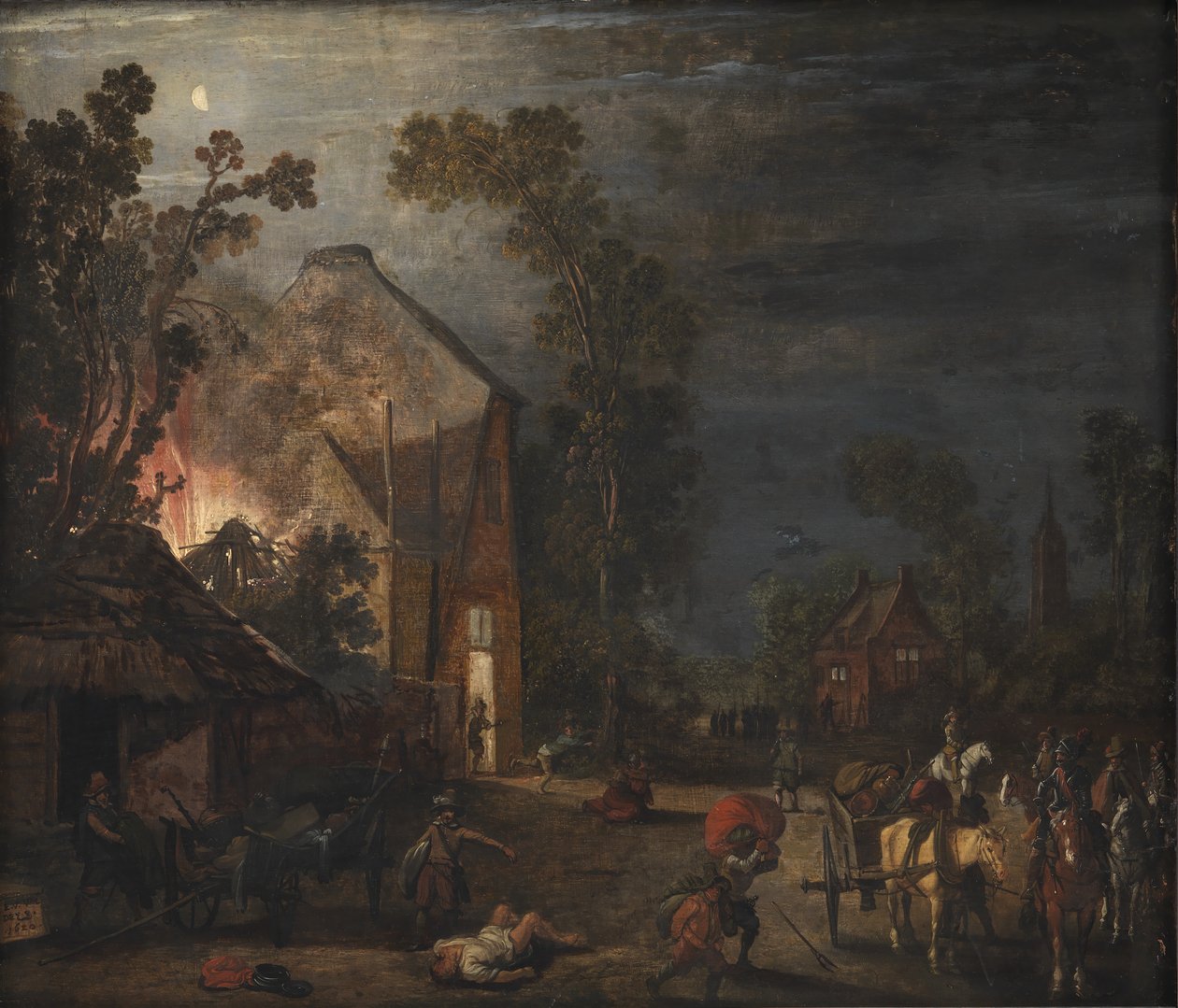 Uma vila saqueada à noite de Esaias van de Velde