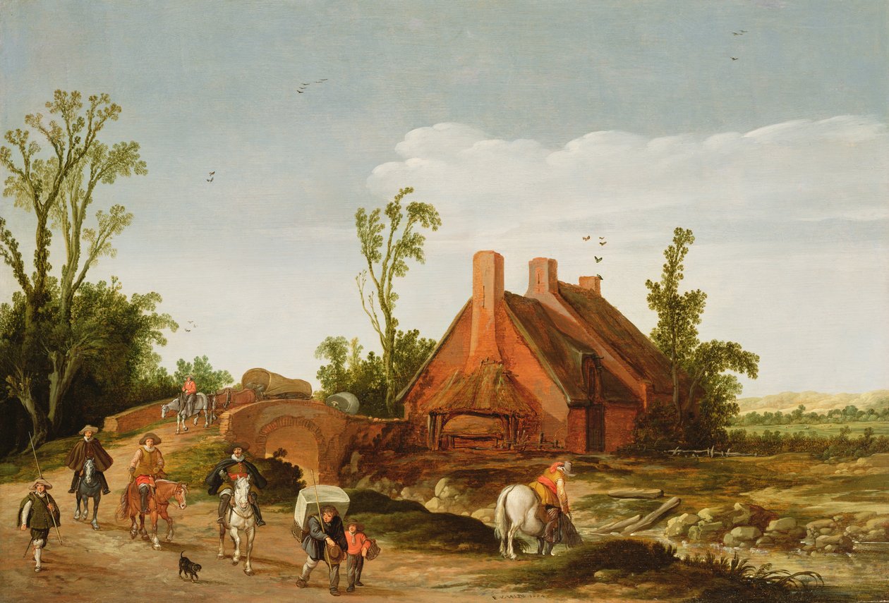 Uma paisagem arborizada com viajantes em uma pista, 1624 de Esaias van de Velde