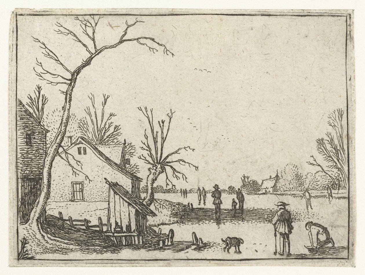 Casa de campo por rio congelado e patinadores no gelo
Pequenas paisagens (título da série) de Esaias van de Velde