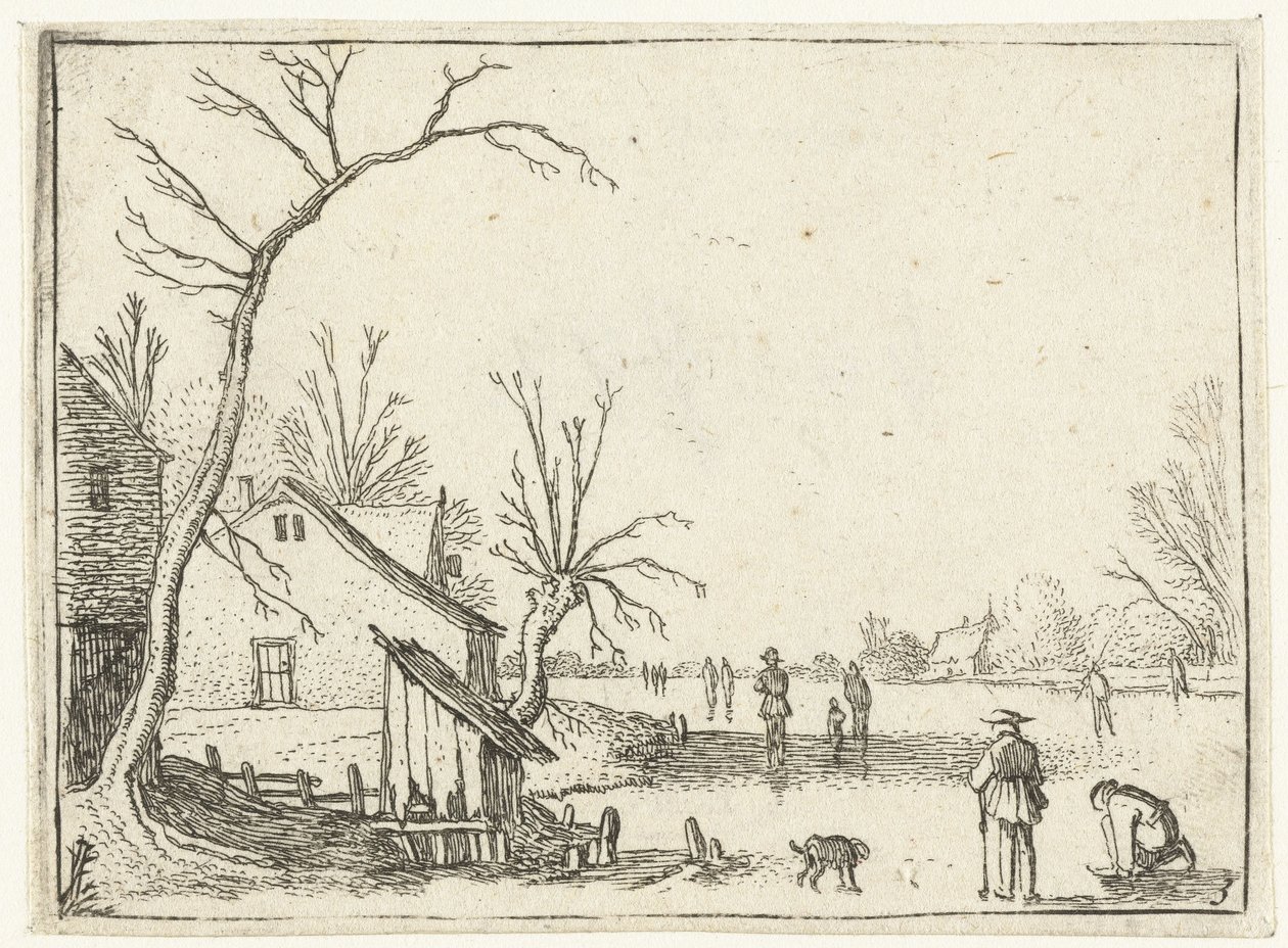 Fazenda pelo rio congelado e patinadores no gelo Pequenas paisagens (título da série) de Esaias van de Velde