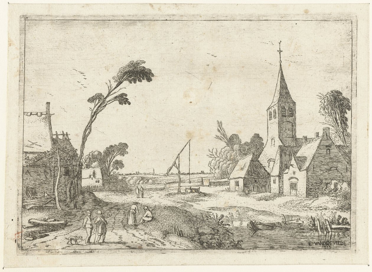 Vista aldeia com quintas, igreja e poço Paisagens de paisagem (título da série) de Esaias van de Velde