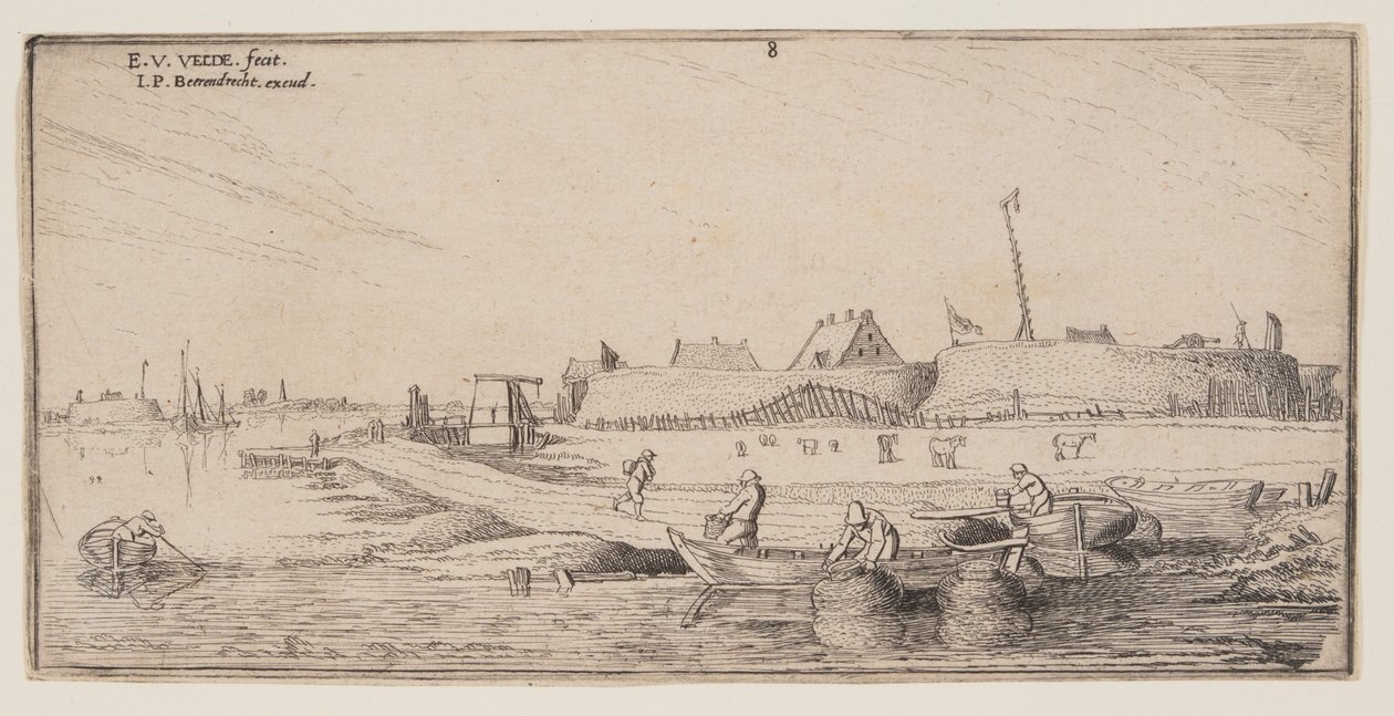 Pescadores em barcos a remos diante de uma cidade murada, de Paisagens de Esaias van de Velde