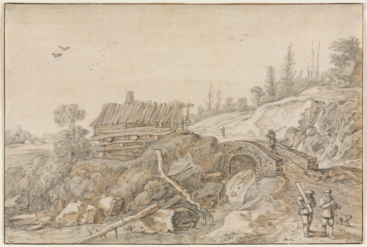 Paisagem montanhosa com cabana ao lado de um riacho de Esaias van de Velde
