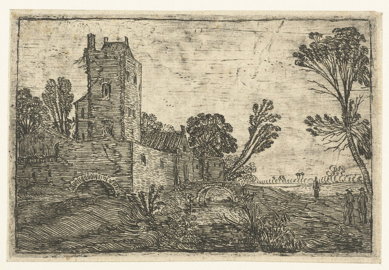Torre quadrada alta atrás de uma parede localizada em um canal de Esaias van de Velde