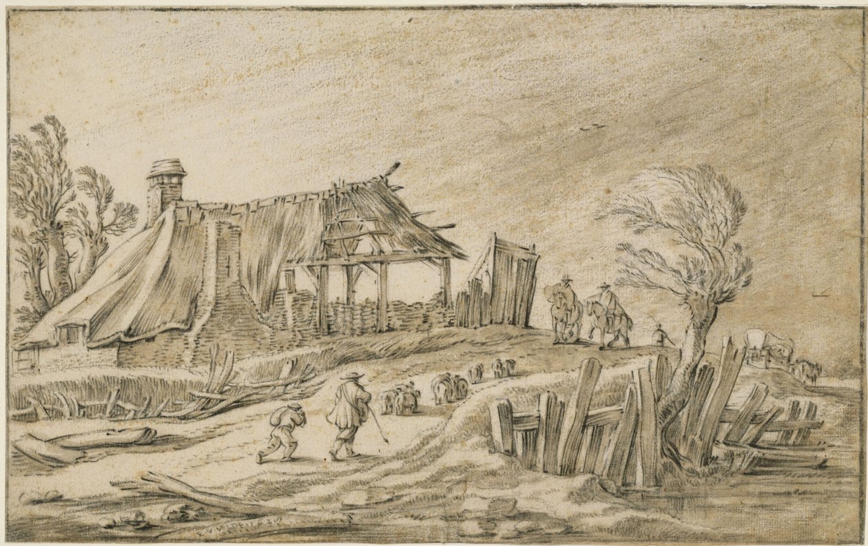 Estrada rural com um rebanho de ovelhas e cavaleiros durante uma tempestade com chuva de Esaias van de Velde