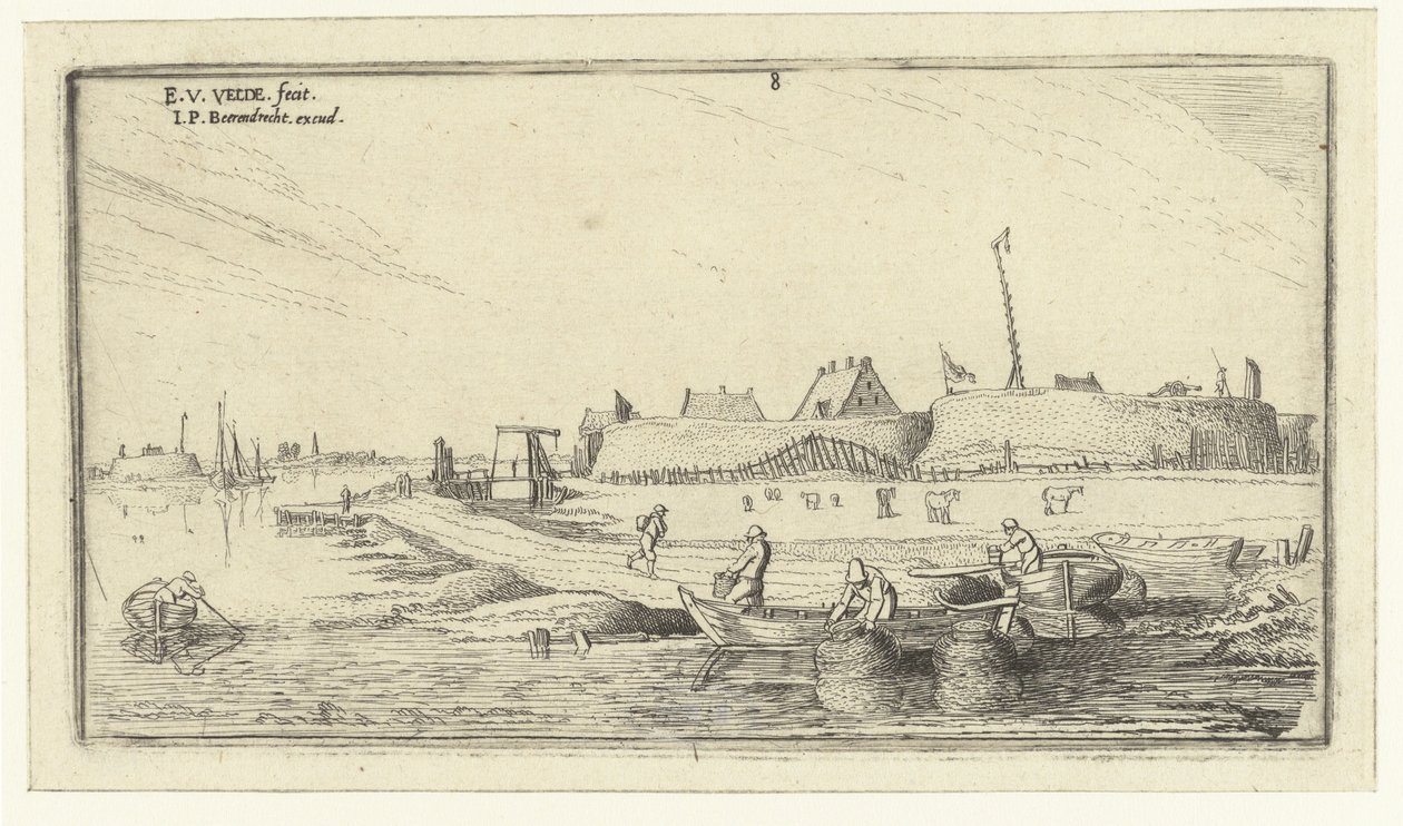 Barcos a remo com pescadores em frente a uma fortaleza no Scheldt Paisagens (título da série) de Esaias van de Velde