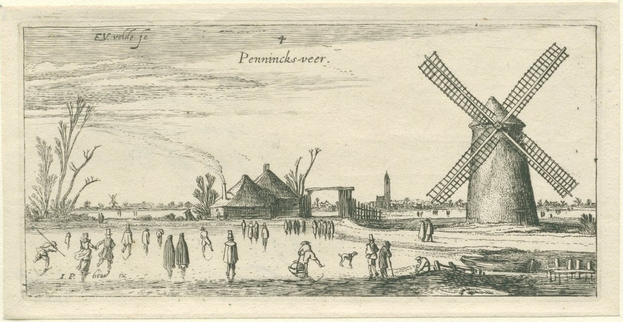 Patinadores no gelo em um moinho perto de Penningsveer Paisagens (título da série) de Esaias van de Velde