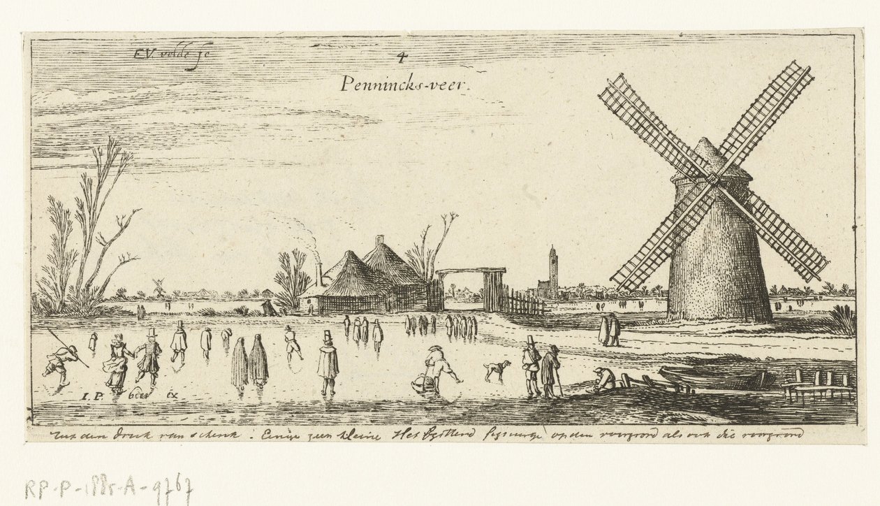 Patinadores no gelo em um moinho perto de Penningsveer Paisagens (título da série) de Esaias van de Velde