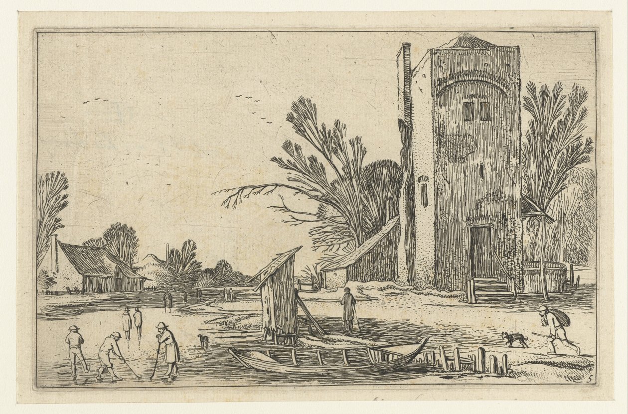 Torre quadrada por um rio congelado com jogadores de garrafa Paisagens de paisagem (título da série) de Esaias van de Velde