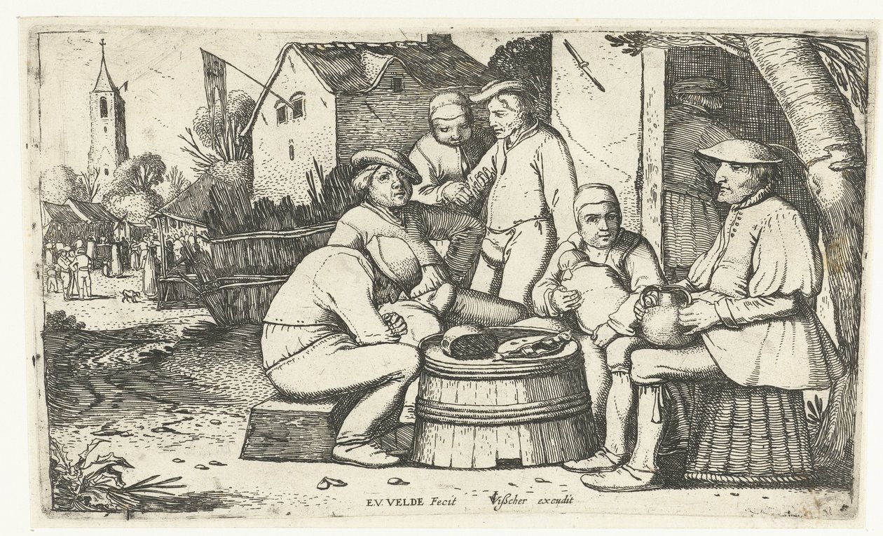Seis camponeses sentados à volta de um barril numa estalagem de Esaias van de Velde