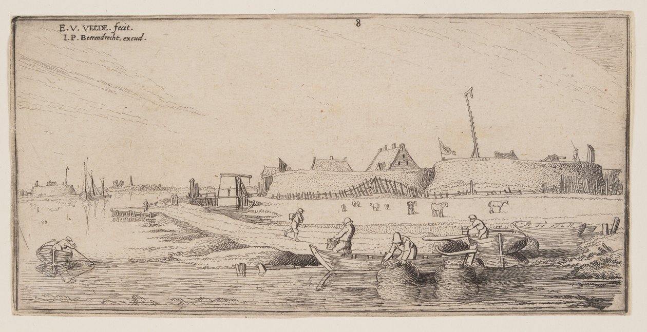 Pescadores em barcos a remos diante de uma cidade murada, de Paisagens de Esaias van den Velde I
