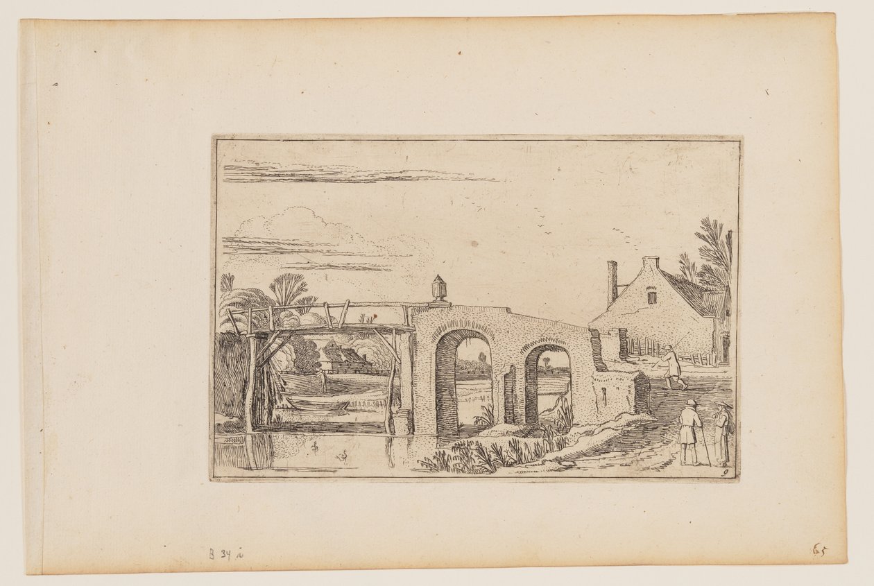Caminho à direita de uma ponte de madeira e pedra de Esaias van den Velde I