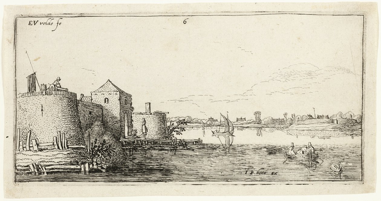 Dez paisagens: Cidade fluvial murada à esquerda de um rio de Esaias van den Velde I