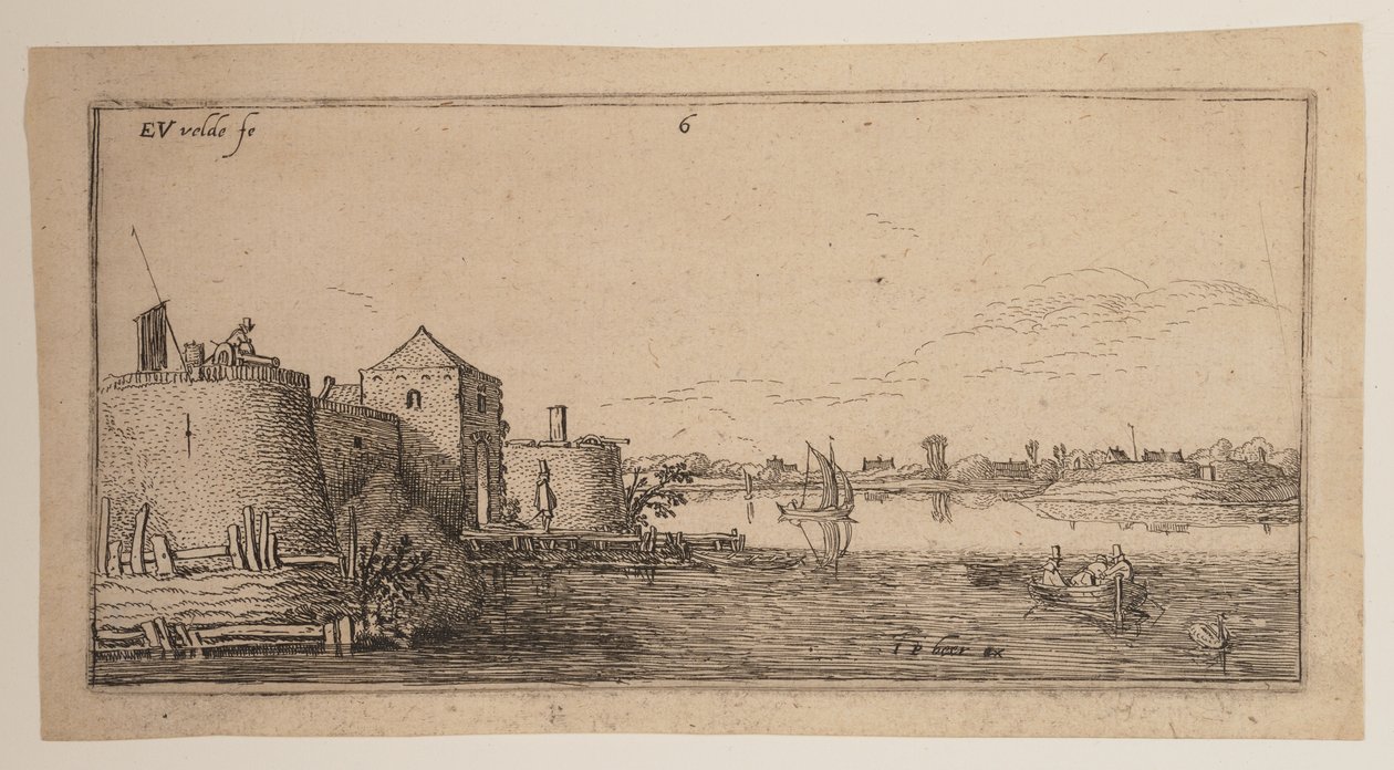 Cidade murada, à esquerda de um rio, de Paisagens de Esaias van den Velde I
