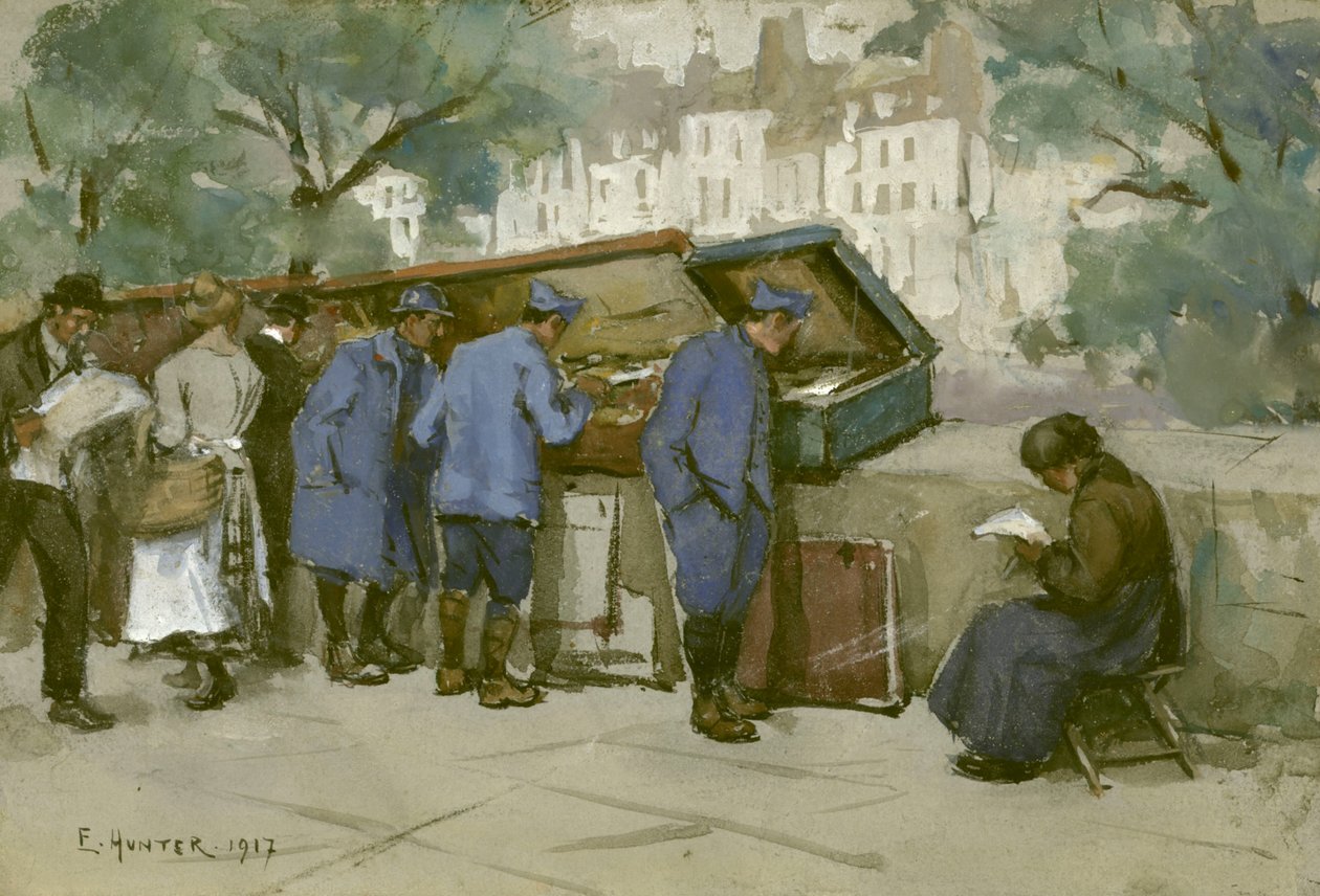 Soldados franceses e Bouquinistes ao longo do Sena, 1917 (wc em papel cinza claro) de Ethel Hunter
