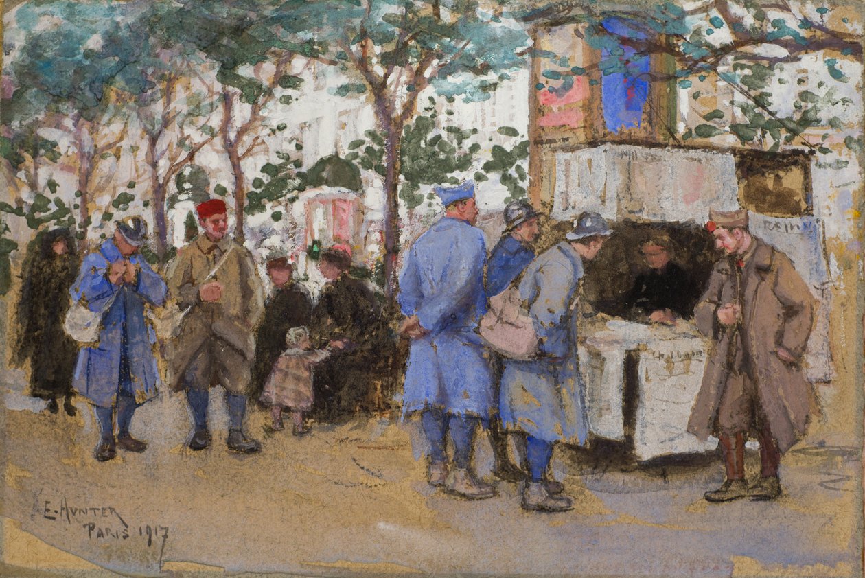 Soldados em uma banca de jornal, Paris, 1917 de Ethel Hunter