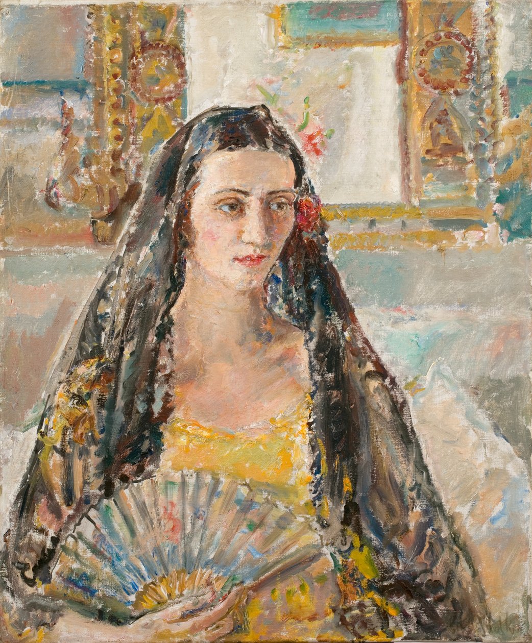 Senhora com um leque, ex. 1926 (óleo sobre tela) de Ethel Walker