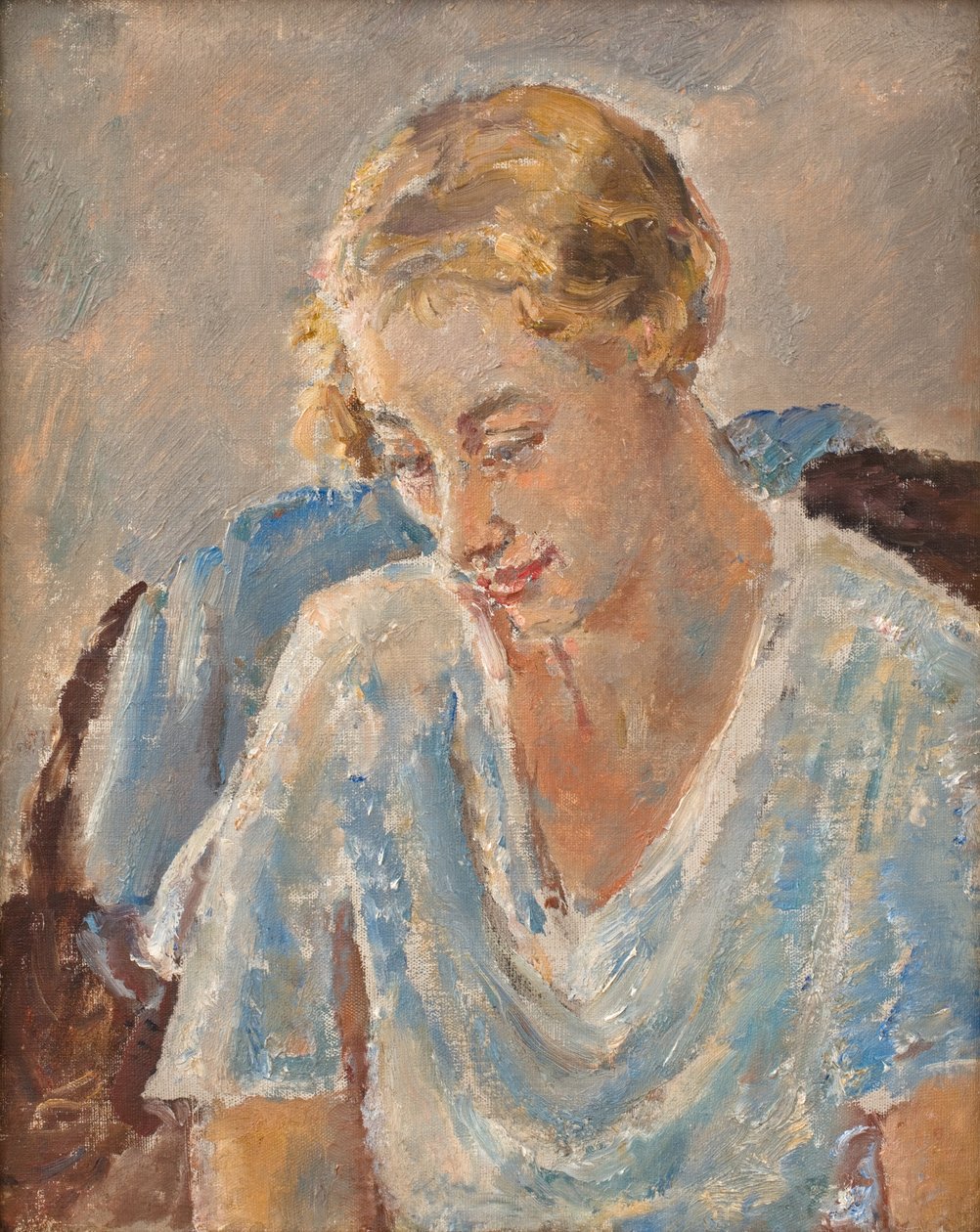 Retrato de uma mulher de azul (óleo sobre tela) de Ethel Walker