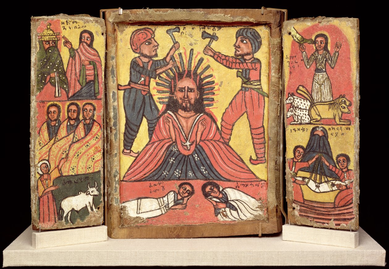 Duplo tríptico, cultura Amhara (gesso e pigmento sobre linho) (veja também 212138) de Ethiopian School