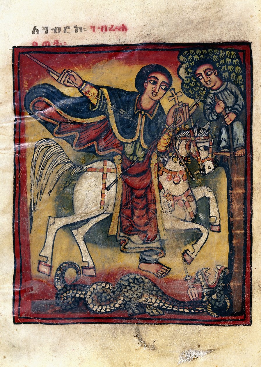 Fólio 20v, São Jorge em seu cavalo branco matando o dragão, 1800 de Ethiopian School