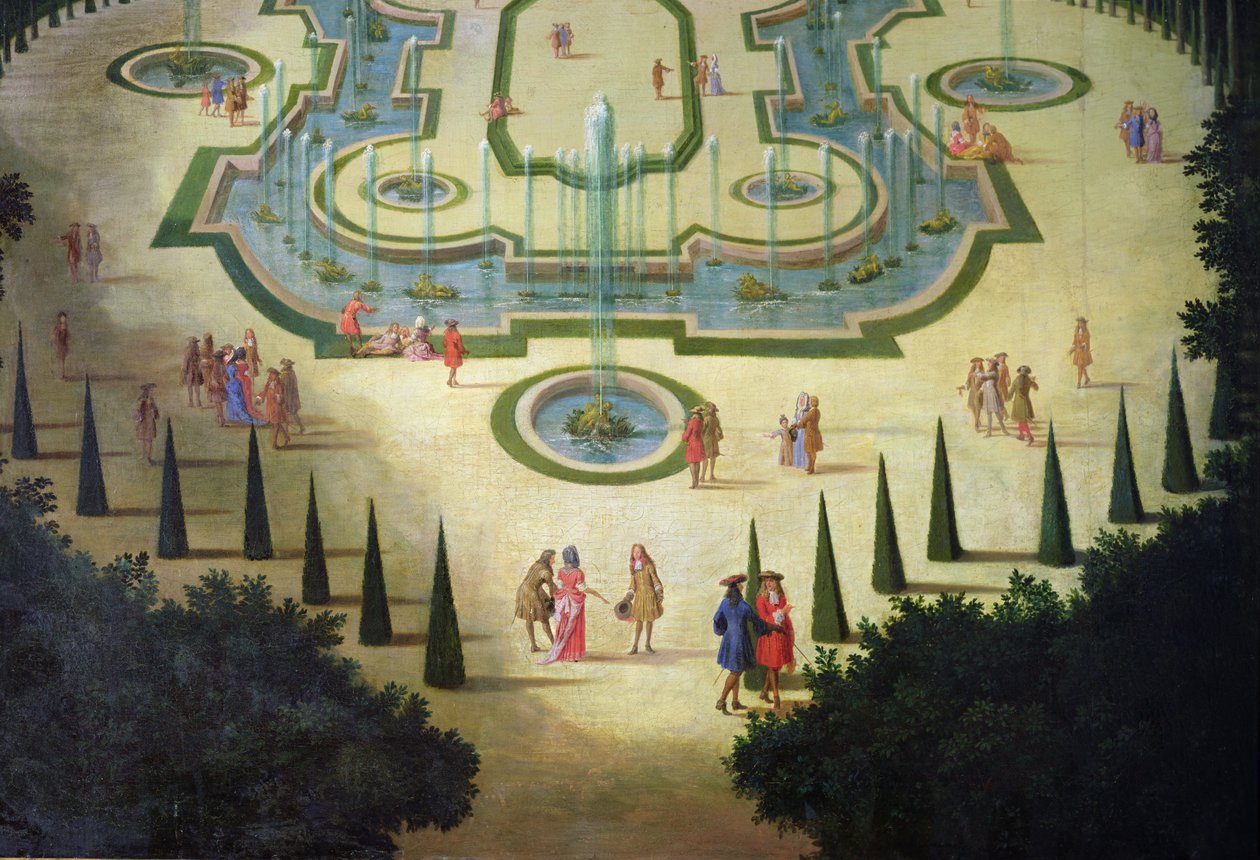 O Hall of Feasts ou Conselho Sala detalhe das lagoas e figuras em primeiro plano, c.1688 óleo sobre tela de Etienne Allegrain