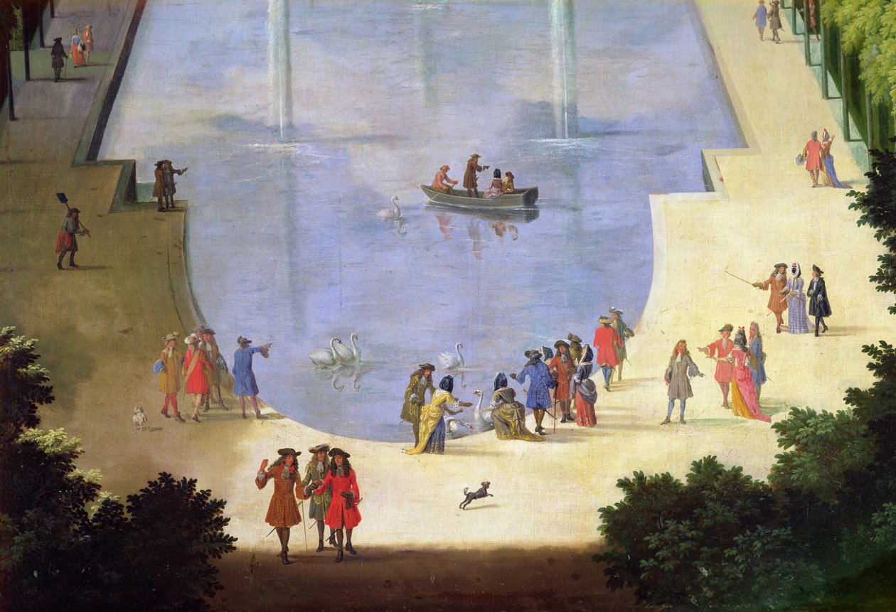A piscina de espelho de água e a ilha real, detalhe das figuras perto da lagoa, c.1688 óleo sobre tela de Etienne Allegrain