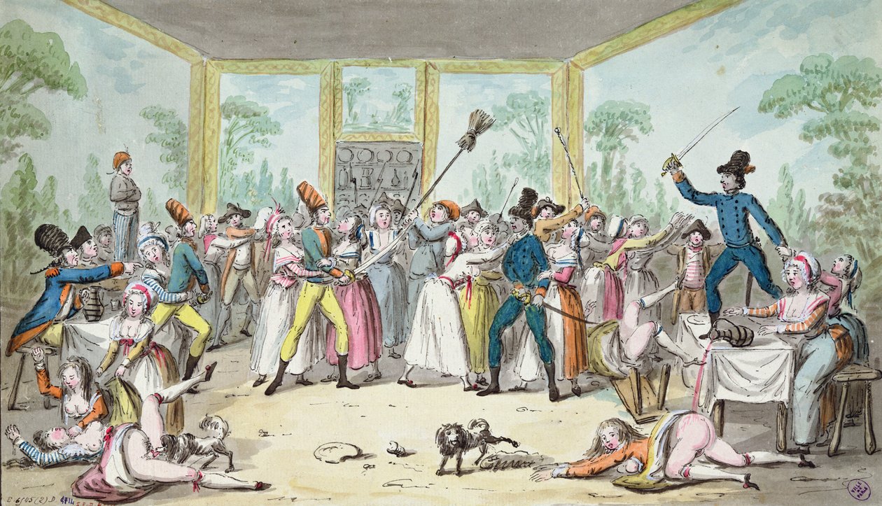 Cena tumultuosa em uma taverna durante o período da Revolução Francesa, c.1789 de Etienne Bericourt