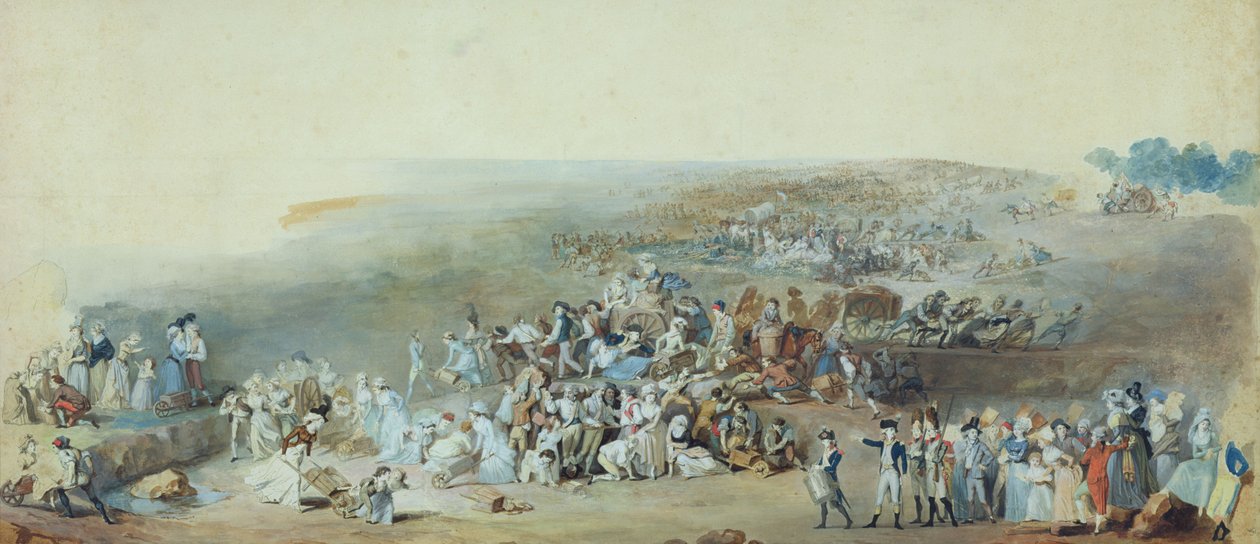 Parisienses no Champ de Mars Preparando-se para a Fete de la Federation, 14 de julho de 1790 (caneta e tinta sobre papel) de Etienne Charles Leguay