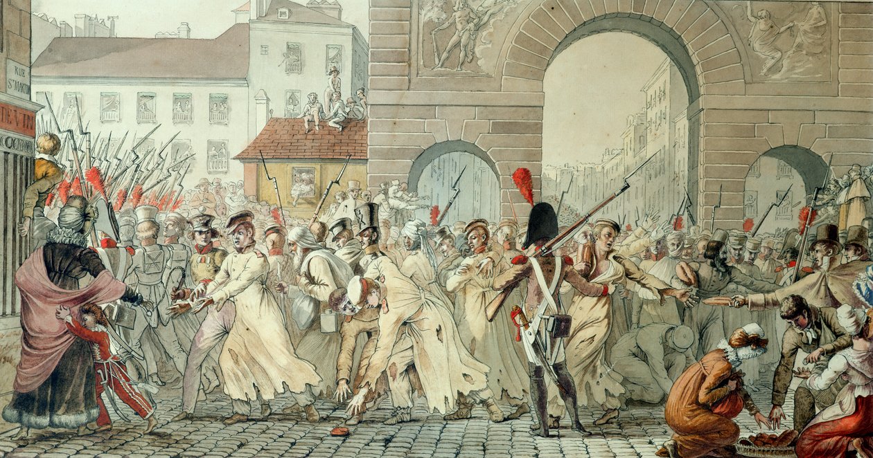 Presos Russos Desfilam no Boulevard Saint-Martin após a Batalha de Montmirail, 17 de fevereiro de 1814 (caneta e tinta no papel) de Etienne Jean Delecluze