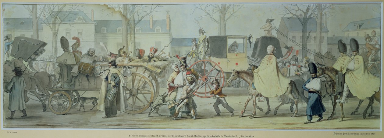 Soldados franceses feridos que entram em Paris no Boulevard Saint-Martin após a Batalha de Montmirail, 17 de fevereiro de 1814 (caneta e tinta no papel) de Etienne Jean Delecluze