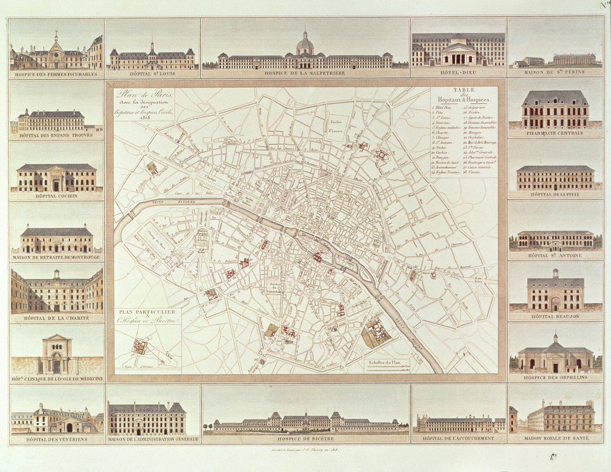 Plano de Paris indicando hospitais e casas civis, 1818, publicado em 1820 de Etienne Jules Thierry