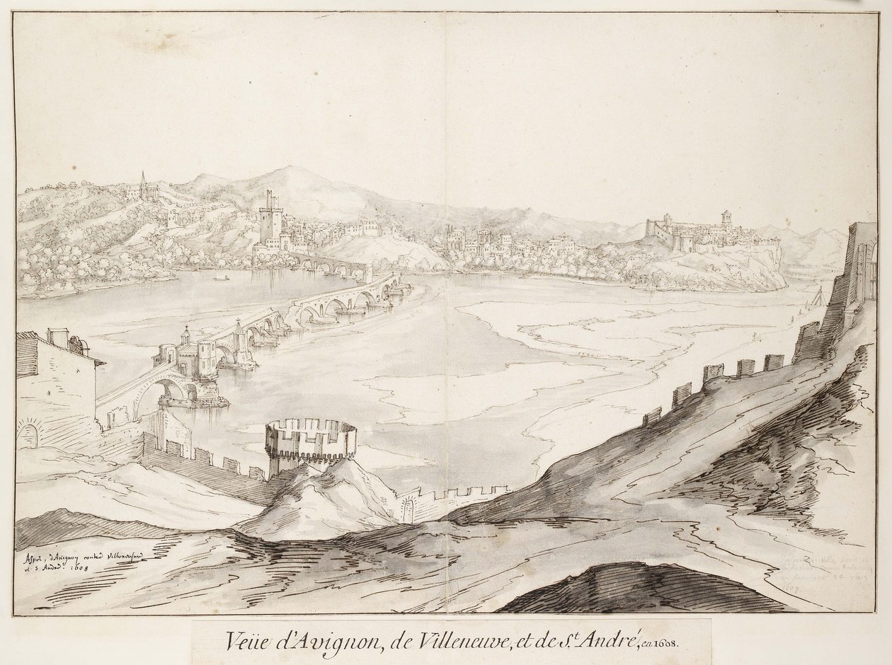 Vista da ponte em Avignon olhando para Villeneuve (grafite com caneta e tinta marrom escuro com lavagem cinza em papel branco) de Etienne Martellange