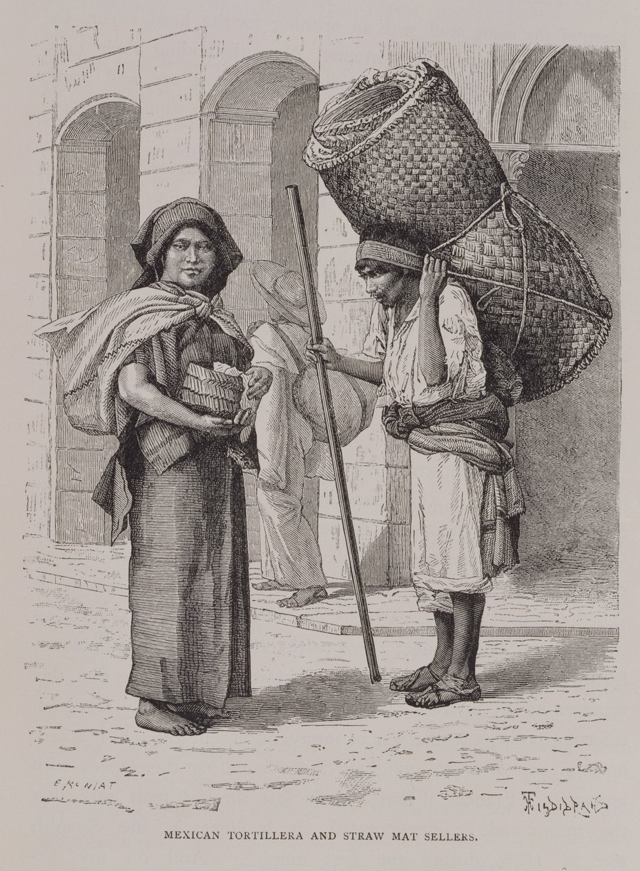 Tortillera mexicana e vendedor da esteira da palha, de "das cidades antigas do mundo novo", por Claude-Joseph-Desejo Charnay, bar. 1887 de Etienne Antoine Eugene Ronjat