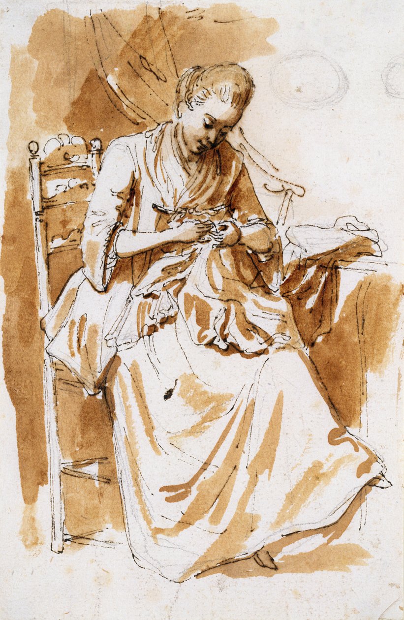 O Embroiderer (wc e tinta no papel) de Etienne de Lavallee Poussin