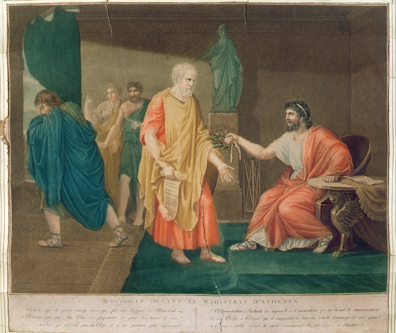Sófocles (c.496-405 aC) com a idade de 83 anos é honrada com uma coroa de oliveiras pelo Magistrado Ateniense (gravura colorida) de Etienne Barthelemy Garnier
