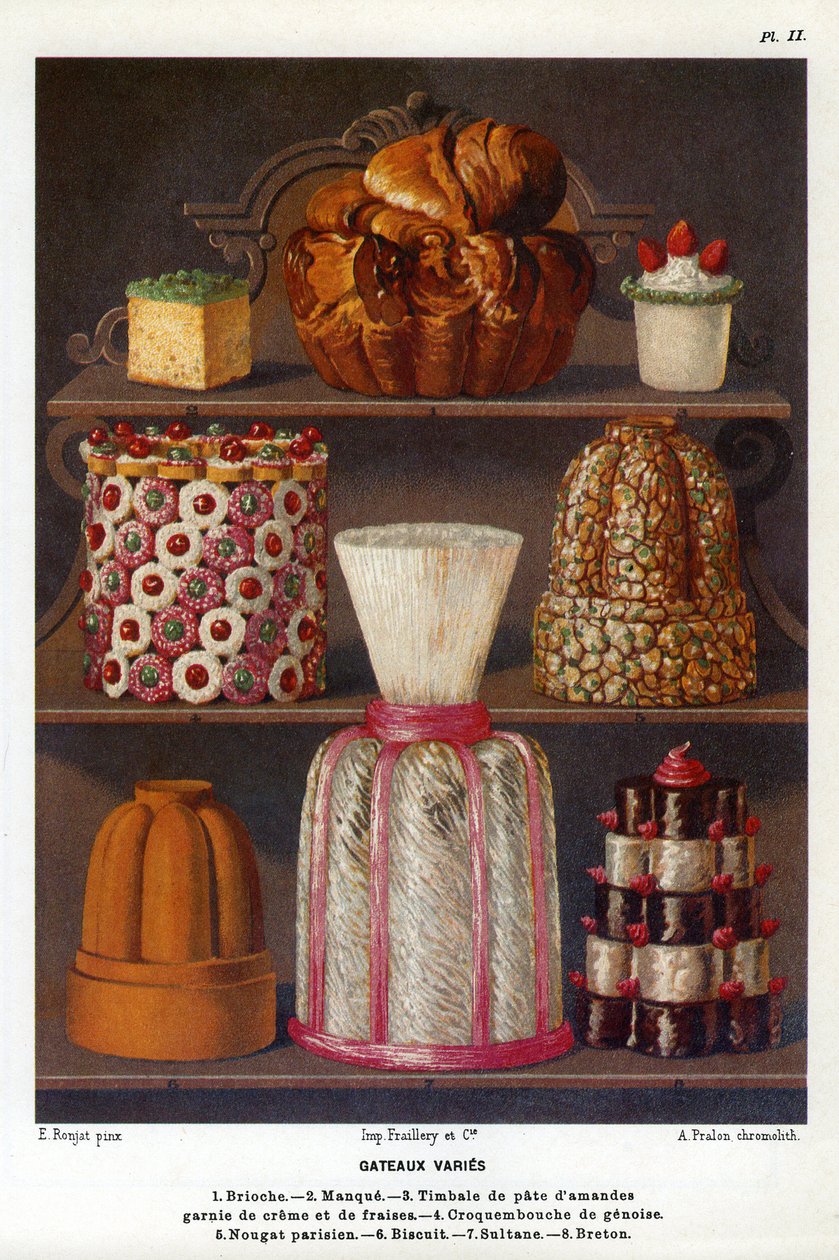 Os bolos variam: brioche, falta, timpani de pasta de amêndoa coberto com creme e morangos, croquenbouche de genoise, nougat parisiense, biscoito, sultaneamente, Breton - Placa nº 2 do Livro de Pastelaria de Jules Gouffe, oficial de bouche du Jockey-Club de de Etienne (after) Ronjat