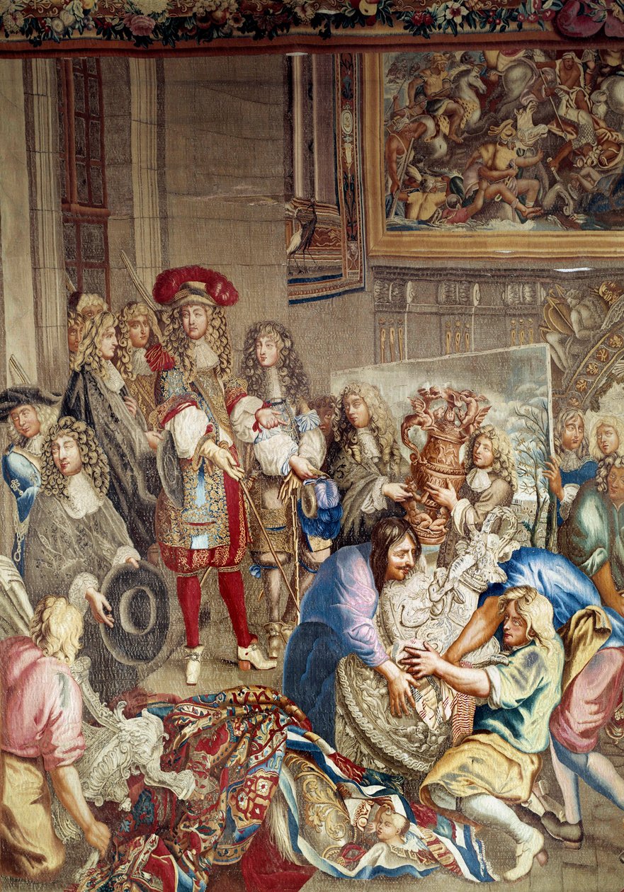 Visita de Luís XIV à Manufacture des Gobelins, na presença de Jean Baptiste (Jean-Baptiste) Colbert (1619-1683) (em perfil, à direita do rei) e do pintor Charles Lebrun (Le Brun) (1619-1690), 15 de Outubro de Etienne (studio of) Le Blond