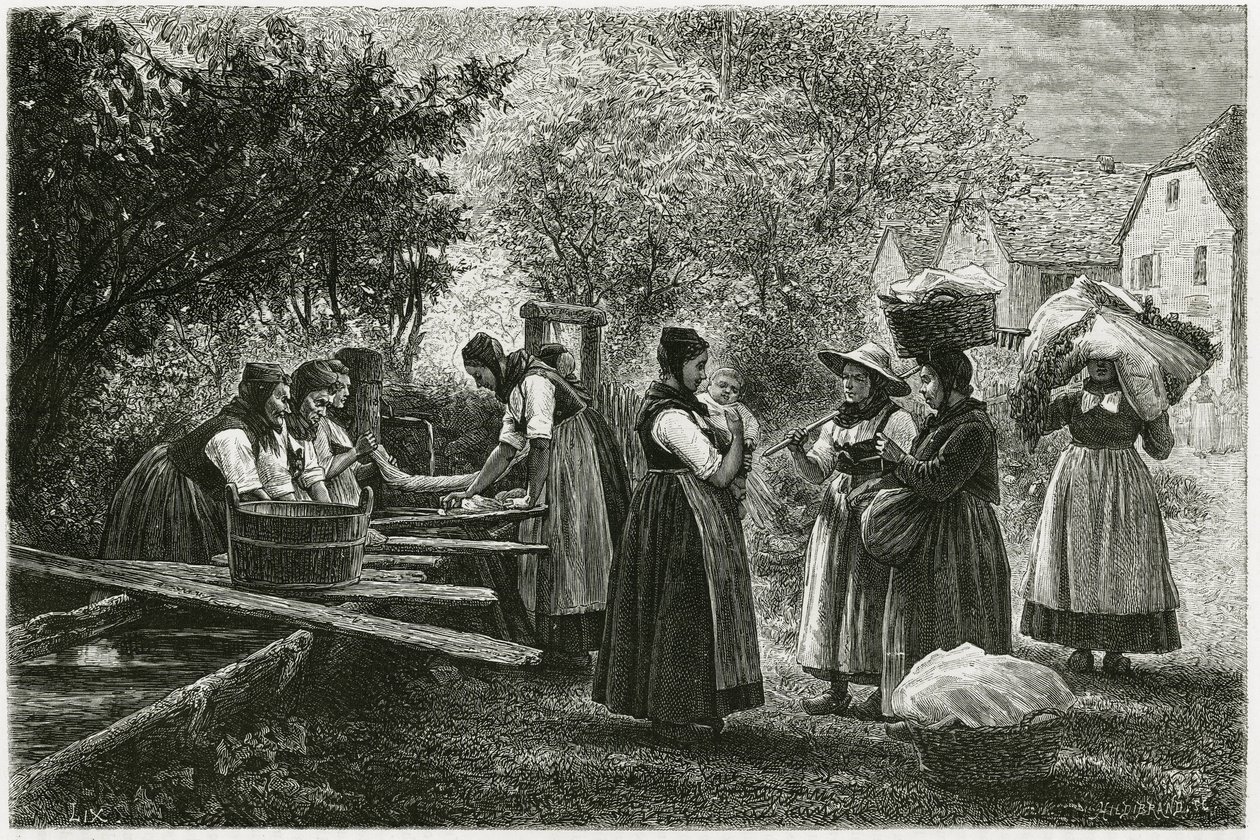Uma lavandaria em Metzeral, mulheres com trajes tradicionais de vallee reúnem-se na fonte da aldeia. Gravura de E.Ronjat, para ilustrar a história "Atravers l