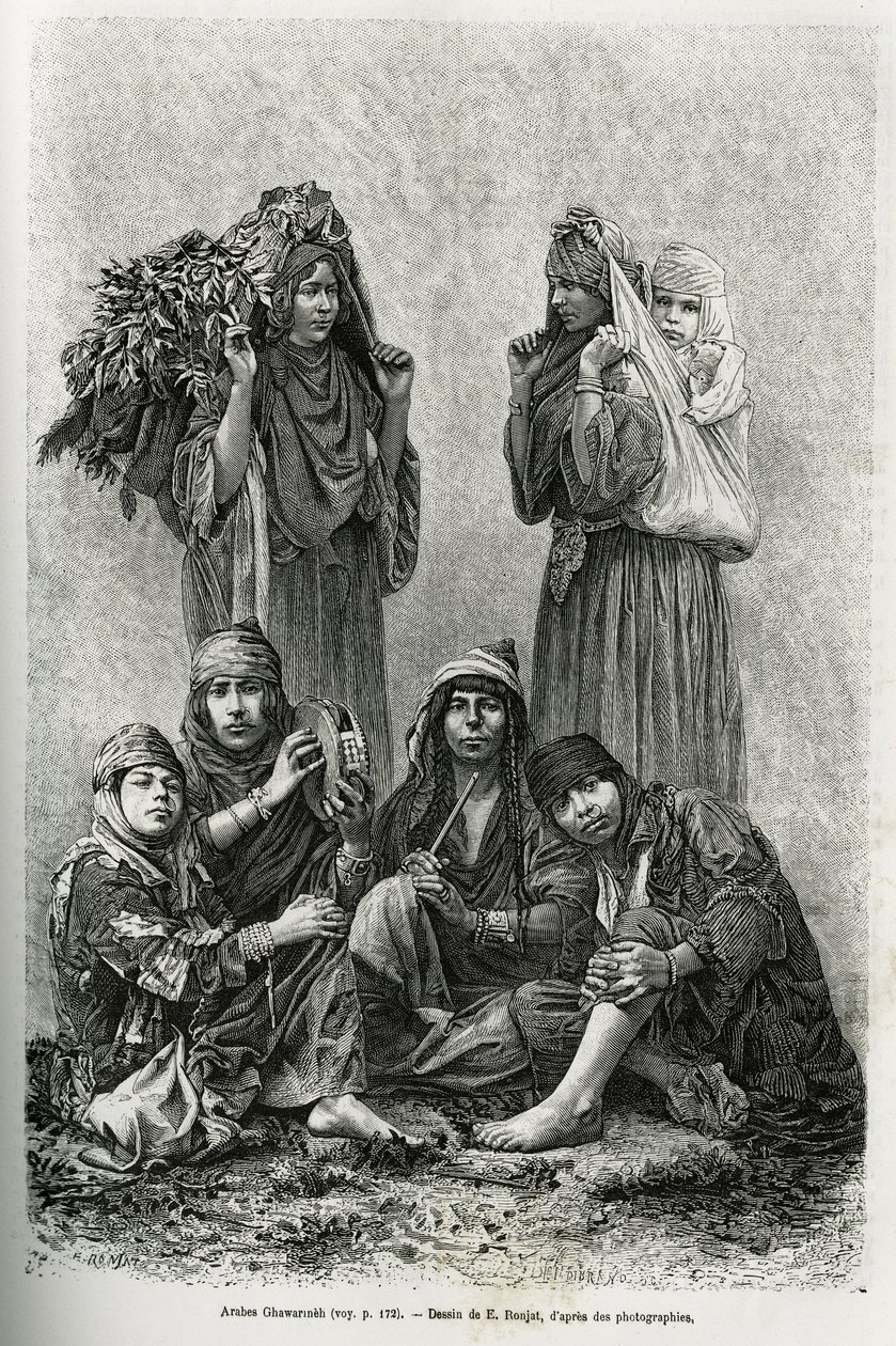 Árabes Ghawarineh, nómadas da bacia do Mar Morto. Gravura de E.Ronjat, para ilustrar a história da Síria hoje, de M.Lortet, reitor da Faculdade de Medicina de Lyon, encarregado de uma missão científica pelo Ministério da Educação Pública, publicada na revi de Etienne Antoine Eugene Ronjat