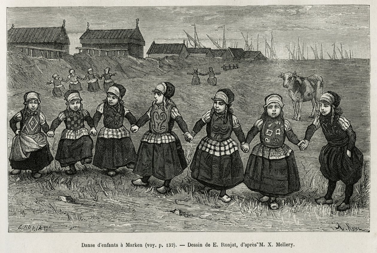 Danças infantis em Marken (Holanda), gravadas após um desenho de E.Ronjat, para ilustrar a história do Neerlande, de Charles de Coster, em 1878, publicado no tour du monde, sob a direção de Edouard Charton de Etienne Antoine Eugene Ronjat