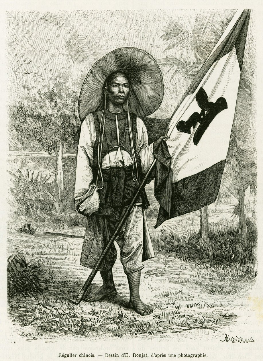 O domínio chinês. Gravação de E.Ronjat, após uma fotografia, para ilustrar a história Trente mois au Tonkin em 1884, do Doutor Hocquard, em le tour du monde 1889, dirigido por Edouard Charton (1807-1890), Hachette, Paris. de Etienne Antoine Eugene Ronjat