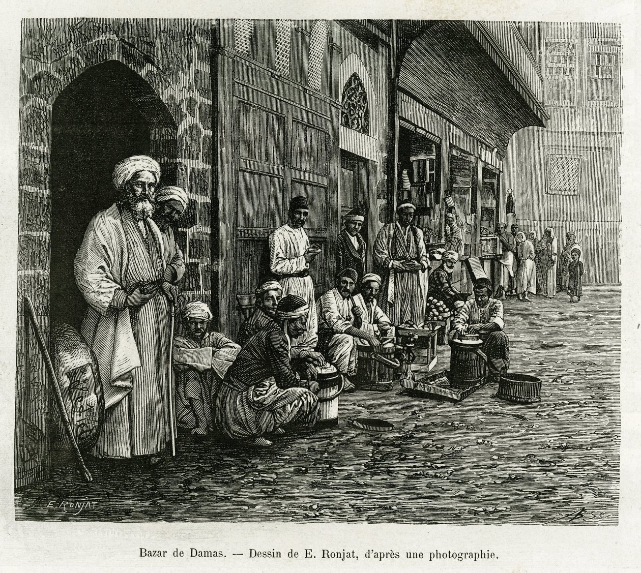 O bazar de Damasco. Gravura de E.Ronjat, para ilustrar a história La Syria d